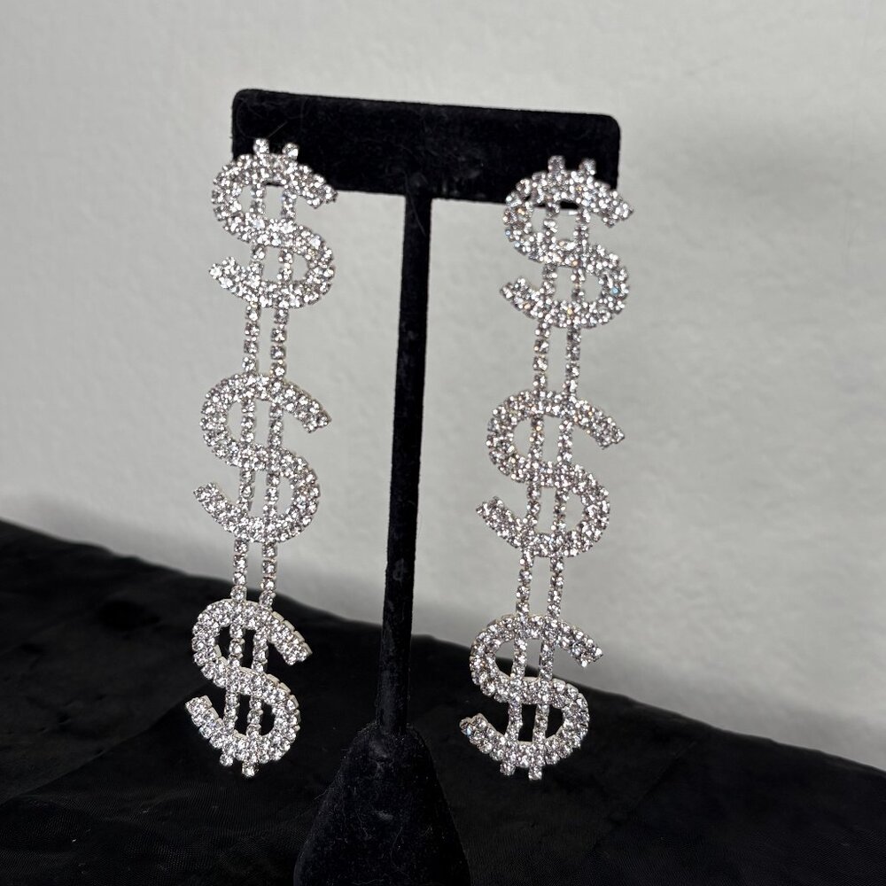 Silver Money Symbol Earrings – Glam Statement Style